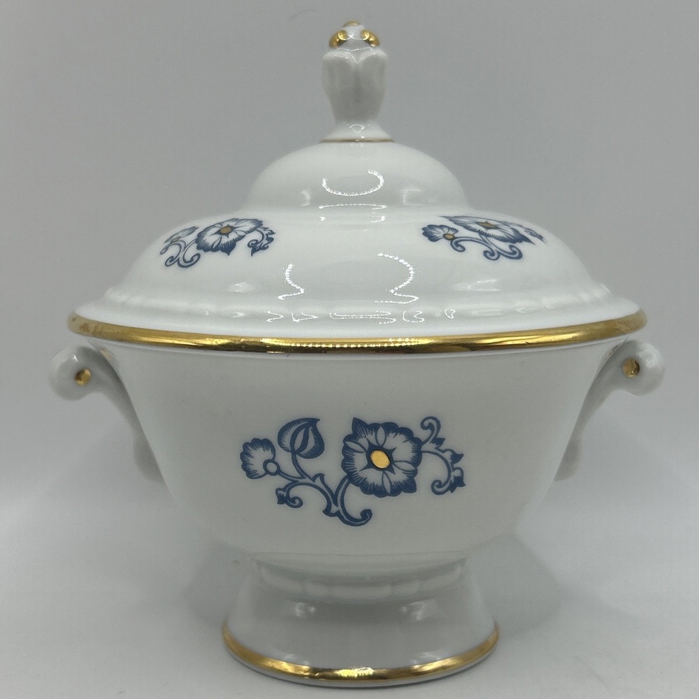 Vintage Alka Kunst Bavaria Covered Sugar Bowl Blue Floral Gold Trim Germany